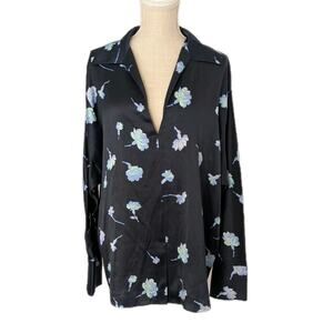 Vince Designer Sea Carnation Blue Floral Print 100% Silk Blouse Size 1X Luxury